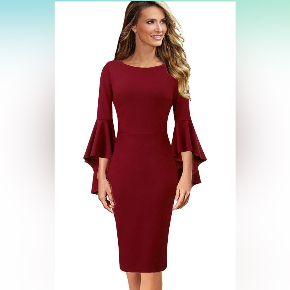 Elegant Bell Sleeve Cocktail Party Pencil Sheath Dress sz M